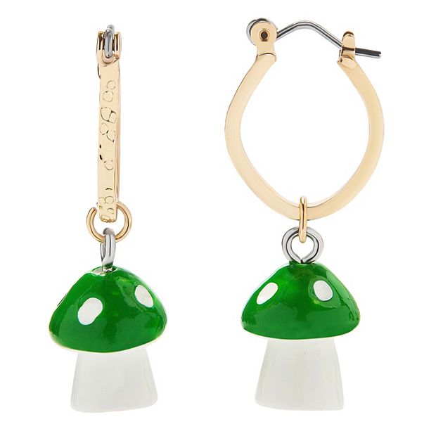 SO® Gold Tone Green and White Mushroom Charm Hoop Earrings