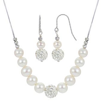 PearLustre by Imperial Sterling Silver Freshwater Cultured Pearl & Crystal Bead Necklace & Earring Set