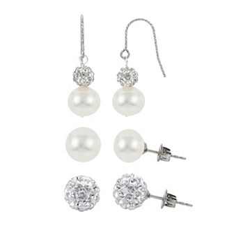 PearLustre by Imperial Sterling Silver Freshwater Cultured Pearl & Crystal Earring Trio Set