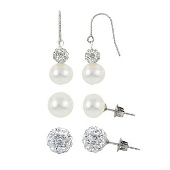 PearLustre by Imperial Sterling Silver Freshwater Cultured Pearl & Crystal Earring Trio Set