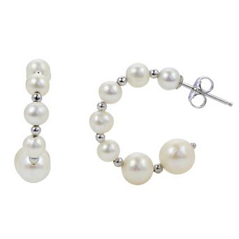 PearLustre by Imperial Sterling Silver Graduated Freshwater Cultured Pearl & Bead Hoop Earrings