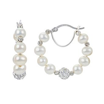 PearLustre by Imperial Sterling Silver Freshwater Cultured Pearl, Crystal Bead & Brilliance Bead Hoop Earrings