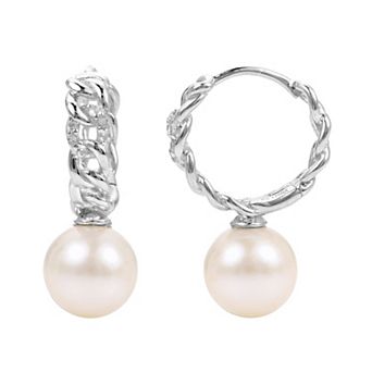 PearLustre by Imperial Sterling Silver Freshwater Cultured Pearl & White Topaz Huggie Hoop Earrings