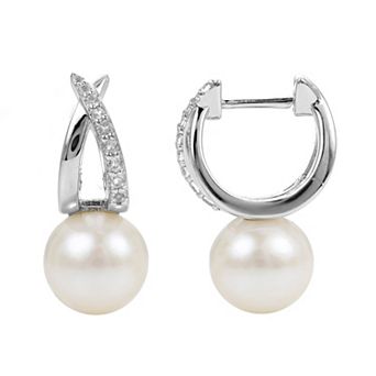 PearLustre by Imperial Sterling Silver Freshwater Cultured Pearl & White Topaz Huggie Hoop Earrings