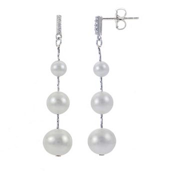 PearLustre by Imperial Sterling Silver Freshwater Cultured Pearl & White Topaz Graduated Drop Earrings