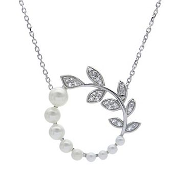 PearLustre by Imperial Sterling Silver Freshwater Cultured Pearl & White Topaz Sterling Silver Floral Circle Necklace