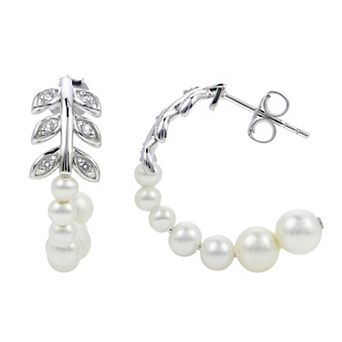 PearLustre by Imperial Sterling Silver Freshwater Cultured Pearl & White Topaz Floral Hoop Earrings