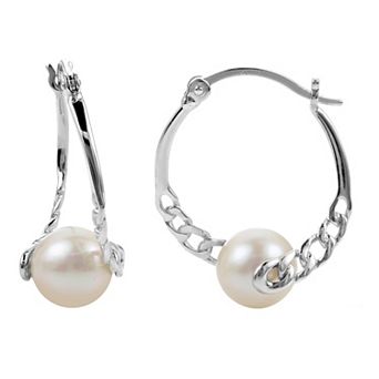 PearLustre by Imperial Sterling Silver Freshwater Cultured Pearl Silver Cast Chain Link Hoop Earrings