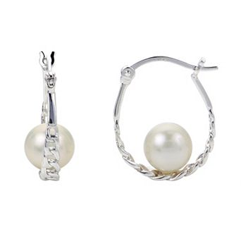 PearLustre by Imperial Sterling Silver Freshwater Cultured Pearl Silver Cast Chain Hoop Earrings