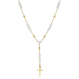 PearLustre by Imperial 14k Gold Over Sterling Silver Freshwater Cultured Pearl & Textured Bead Cross “Y” Necklace