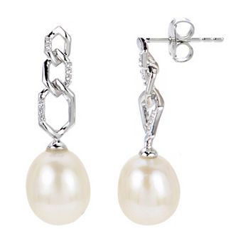PearLustre by Imperial Sterling Silver Freshwater Cultured Pearl & Created White Sapphire Drop Earrings