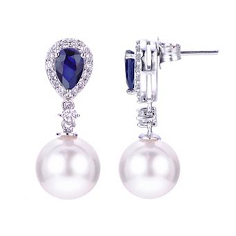 PearLustre by Imperial 14k White Gold Akoya Cultured Pearl, Sapphire & Diamond Drop Earrings