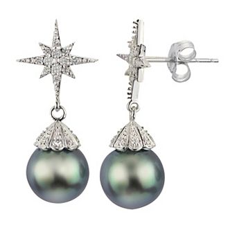 PearLustre by Imperial 14k White Gold Tahitian Cultured Pearl & 1/4 Carat T.W. Diamond Star Drop Earrings