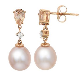 PearLustre by Imperial 14k Rose Gold Pink Freshwater Cultured Pearl, Morganite & Diamond Accent Drop Earrings
