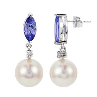 PearLustre by Imperial 14k White Gold Freshwater Cultured Pearl, Tanzanite & Diamond Accent Earrings