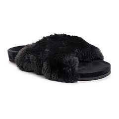 Pittsburgh Steelers FOCO Women's Two-Tone Crossover Faux Fur Slide Slippers  - Black