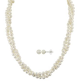 PearLustre by Imperial Sterling Silver Freshwater Cultured Pearl Twisted Strand Necklace & Stud Earring Set