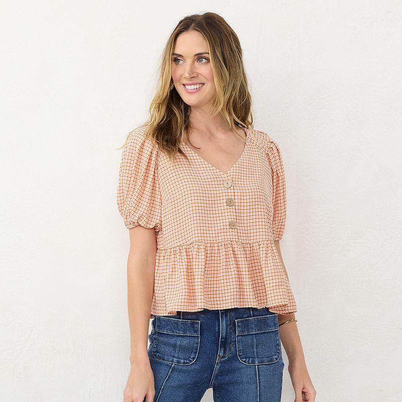 Womens LC Lauren Conrad Cropped Ruffled Button Top, Size: Small, Drk Orang
