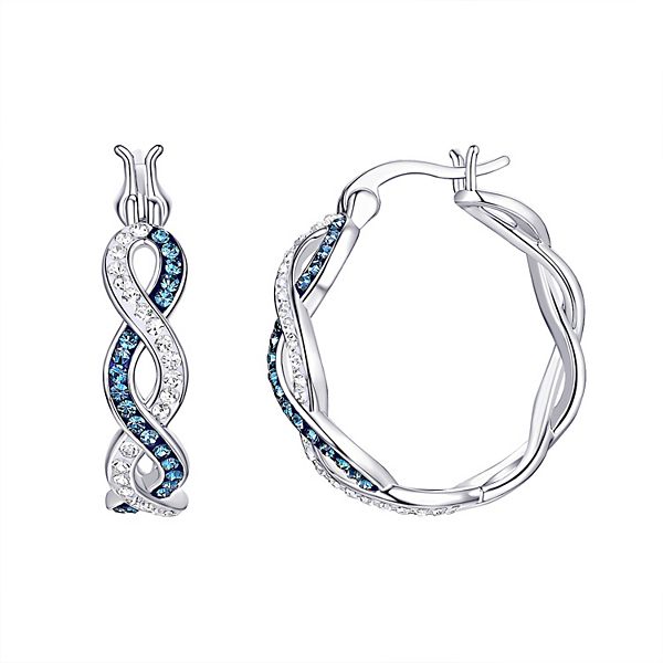 Chrystina Silver Plated Clear & Montana Crystal Twist Hoop Earrings - Silver Tone