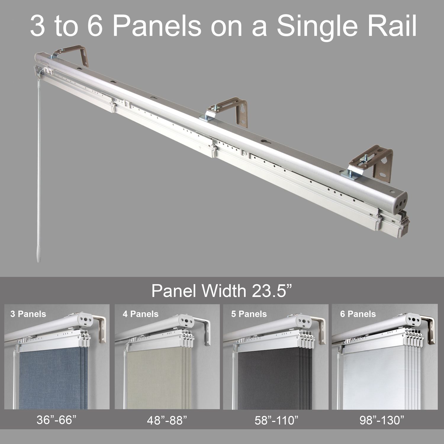 Extendable single-rail panel track for 3 to 6 panels with width sizing