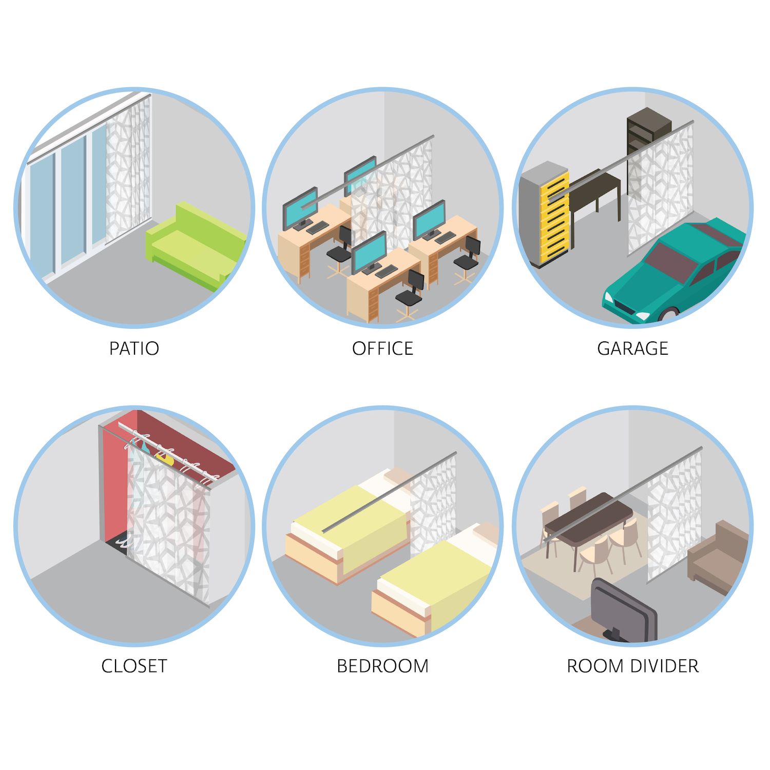 Room divider system used as patio, office, garage, closet, and bedroom partitions