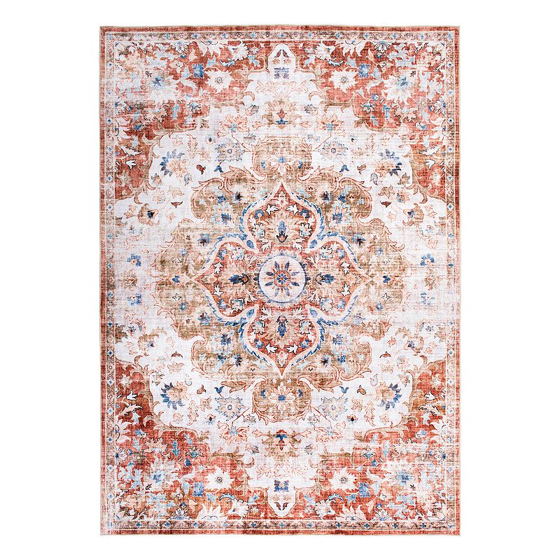 World Rug Gallery Austin Distressed Oriental Machine Washable Rug, Red, 8X10 Ft