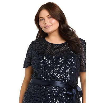 Plus Size R&M Richards Embroidered Sequin Panel Godet Evening Gown