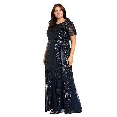 Plus Size R&M Richards Embroidered Sequin Panel Godet Evening Gown