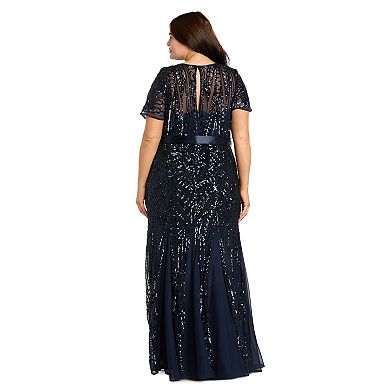 Plus Size R&M Richards Embroidered Sequin Panel Godet Evening Gown