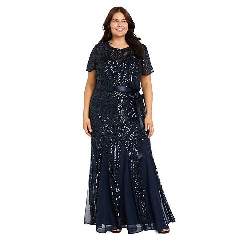 Женские платья R&M Plus Size R&M Richards Embroidered Sequin Panel Godet Evening Gown