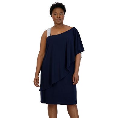 Plus Size R&M Richards Rhinestone One-Shoulder Cocktail Dress