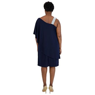 Plus Size R&M Richards Rhinestone One-Shoulder Cocktail Dress