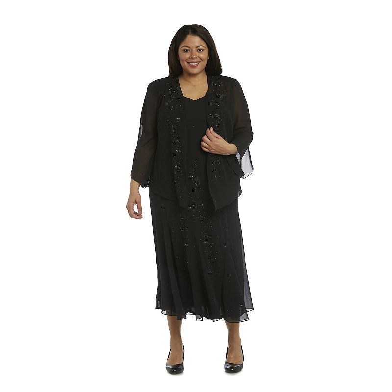 Plus Size R&M Richards Godet Jacket & Dress Set, Womens, Size: 14 W, Black