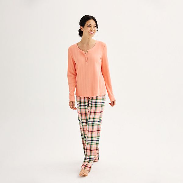 Womens Sonoma Goods For Life® Flannel Pajama Pants & Pajama Top Sleep Set - Peach Wonder Plaid (LARGE)