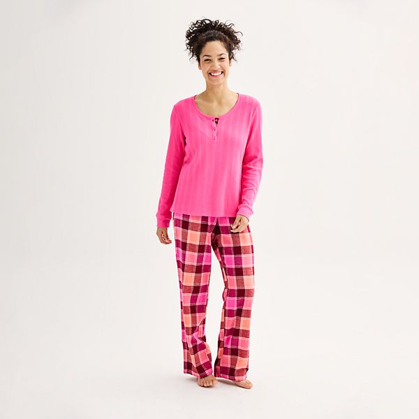 Women's Sonoma Goods For Life&reg; Flannel Pajama Pants & Pajama Top Sleep Set - Pink Cozy Plaid (X SMALL)