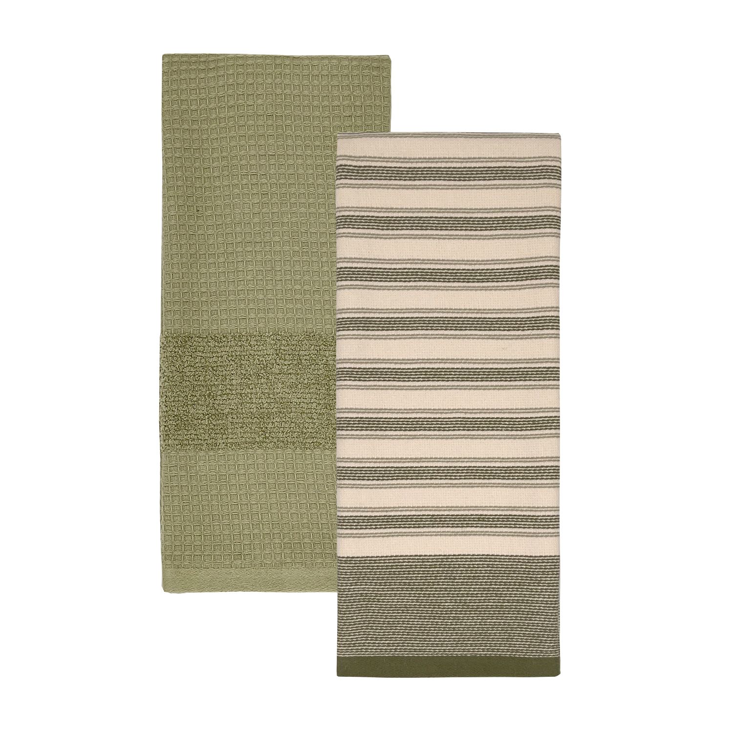 Food Network Green Awning Stripe Kitchen Towel 2-pk. Durable Cotton NWT