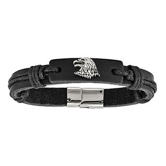 Men's Antiqued & Polished Stainless Steel Eagle Head Black Leather Bracelet