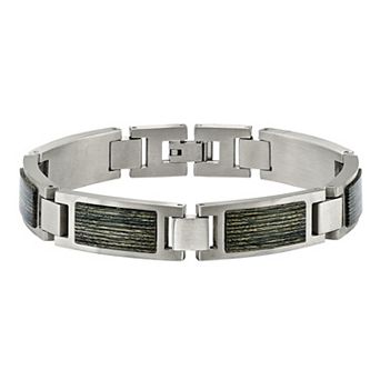 Men's Brushed Stainless Steel Grey Wood Inlay Bracelet
