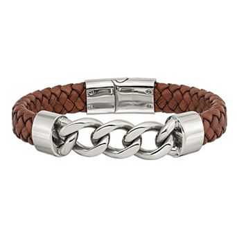 Men's Stainless Steel Polished Chain and Brown Leather Bracelet
