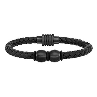 Men's Black Stainless Steel Polished Rubber and Leather Bracelet