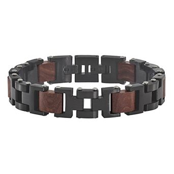Men's Black Stainless Steel Brushed Wood Bracelet