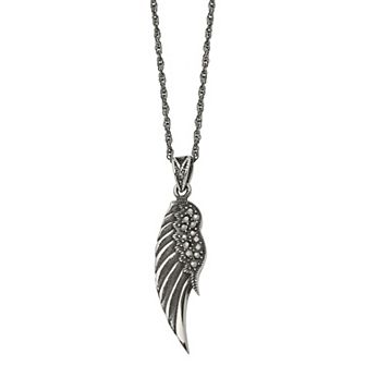 Men's Antiqued Stainless Steel Marcasite Wing Pendant Necklace