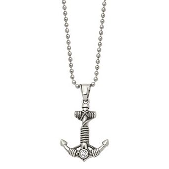 Men's Antiqued Stainless Steel Cubic Zirconia Anchor Pendant Necklace