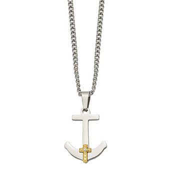 Men's Stainless Steel 14k Gold Diamond Accent Anchor Mariner Cross Necklace