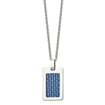 Men's Stainless Steel Blue Carbon Fiber Inlay Dog Tag Necklace
