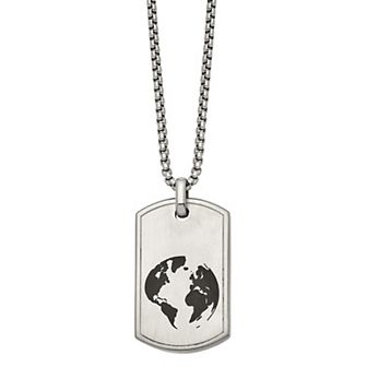 Men's Black Enamel Stainless Steel Earth Dog Tag Necklace