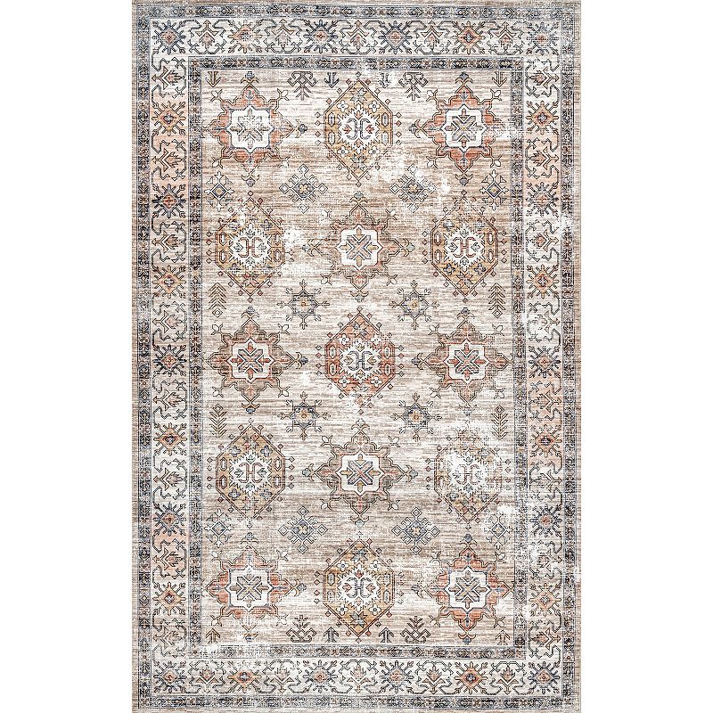 nuLOOM Finley Machine Washable Vintage Distressed Area Rug, Beig/Green, 8X10 Ft
