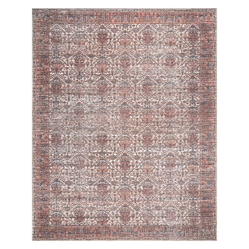 nuLOOM Marilyn Machine Washable Distressed Persian Border Area Rug, Orange, 7X9 Ft