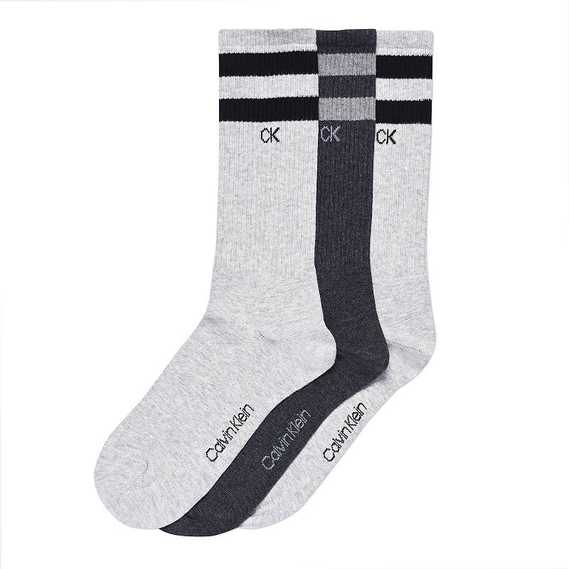Mens Calvin Klein 3-Pack Striped Crew Socks, Dark Grey