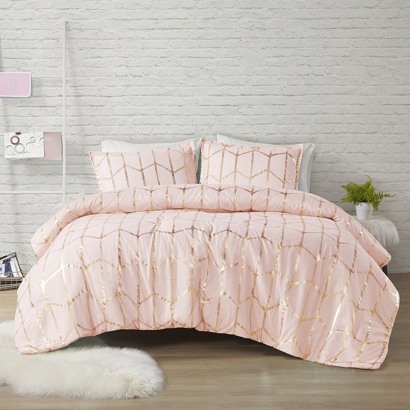 Intelligent Design Khloe Metallic Printed Antimicrobial Comforter Set, Pink